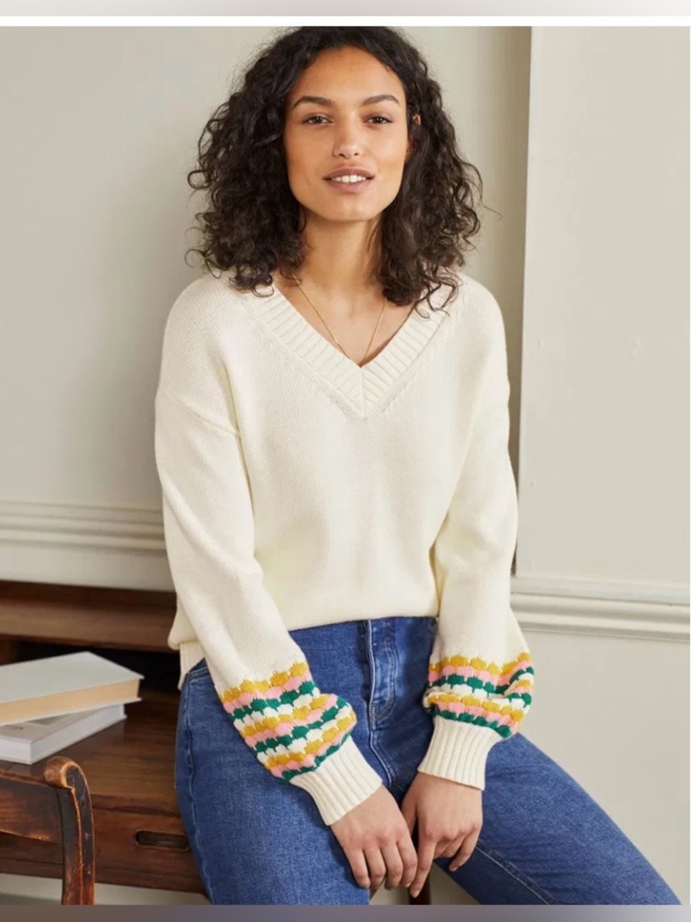 Boden Women's V Neck Sweater Blouson Sleeve Stitch Detail 100% Cotton Size 12